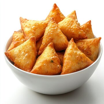 Delicious Indian Samosas in White Bowl - Isolated Side and Top View