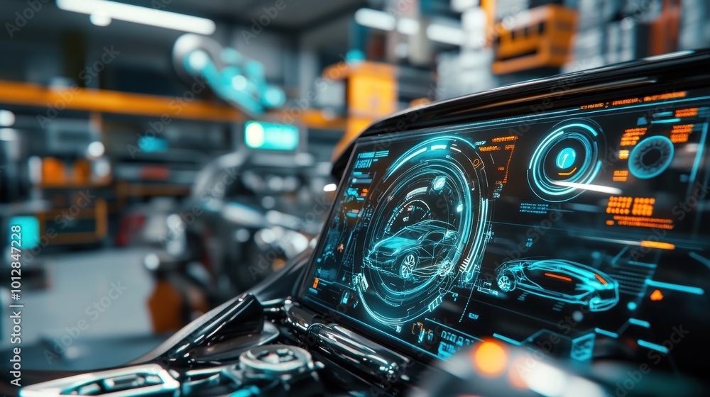 Aufkleber futuristic car dashboard display in a workshop setting, showcasing advanced technology.