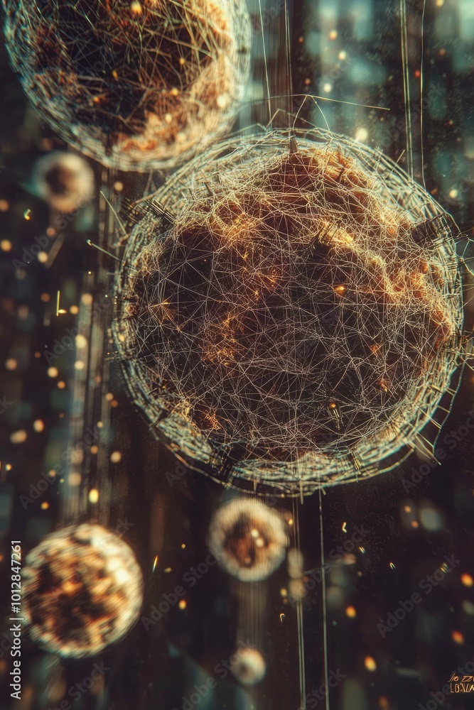 Poster a spherical web structure with a golden glow
