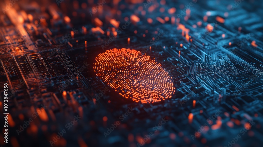Poster a digital fingerprint on a circuit board, symbolizing security and technology.