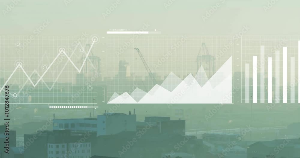 Poster animation of diagrams and data processing over cityscape
