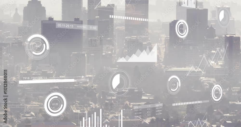 Poster animation of diagrams and data processing over cityscape