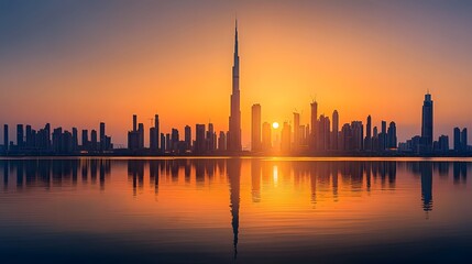 Obraz premium A stunning sunset over a bustling city skyline, with warm golden hues and reflections on skyscrapers
