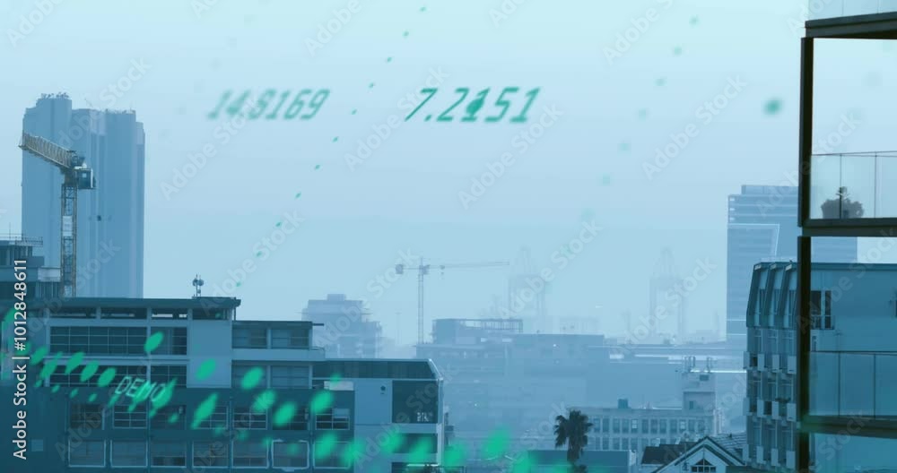 Poster animation of diagrams and data processing over cityscape