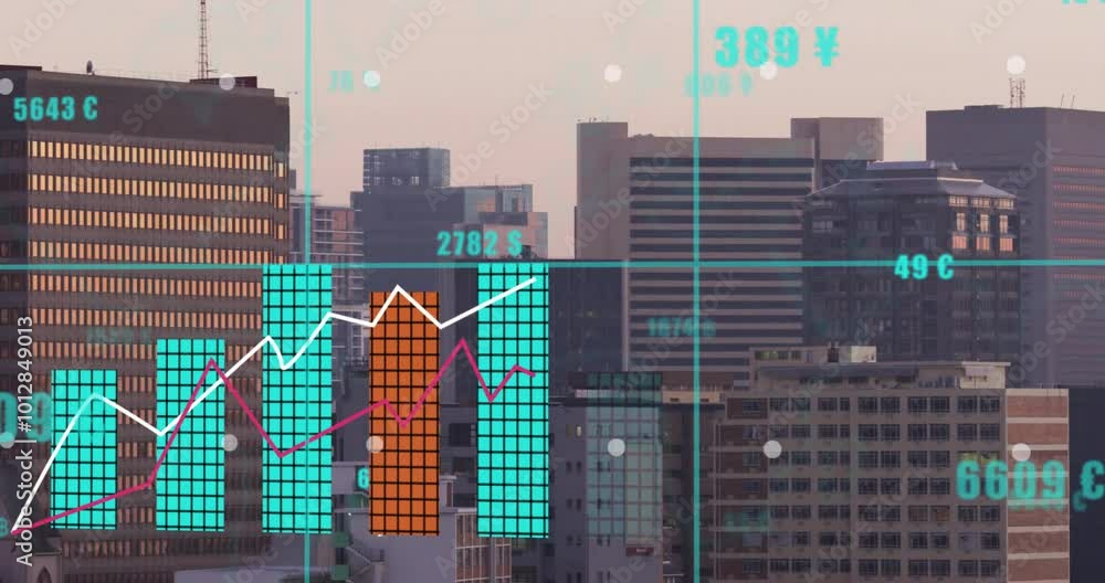 Poster animation of diagrams and data processing over cityscape