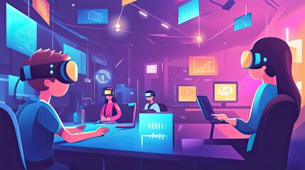 People Wearing Virtual Reality Headsets Working in a Modern Office
