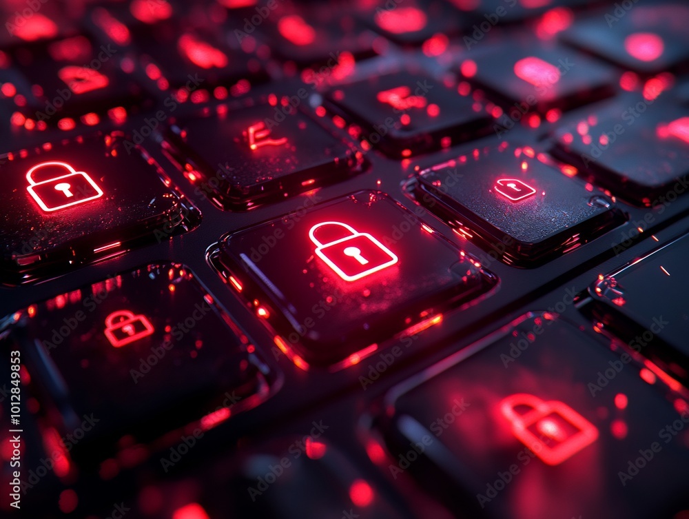 Aufkleber closeup of laptop keyboard cybersecurity symbols padlock icons representing data protection encrypti