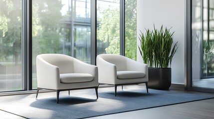 Fototapeta premium A stylish office relaxation area showcasing comfortable armchairs, a functional drawer, and a window, providing a modern and inviting space