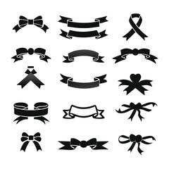 Ribbon set. Tape blank black glyph collection, decorative silhouette icons. Vintage outline design, ribbons sign style. Web icon kit of text banner tapes. Isolated vector illustration