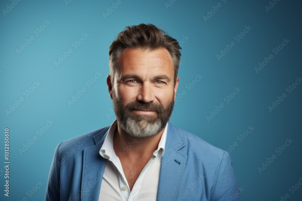 Poster portrait of a handsome man with beard and mustache on blue background