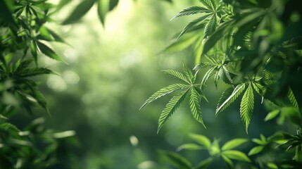 Fototapeta premium Lush green foliage with cannabis leaves, creating a serene natural atmosphere.