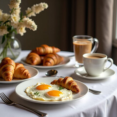 Cozy breakfast buffet setup with fresh croissants, eggs, and coffee