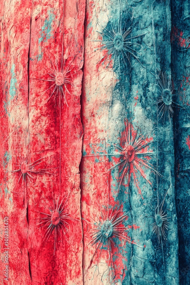 Poster Red and Blue Abstract Texture with Starburst Patterns