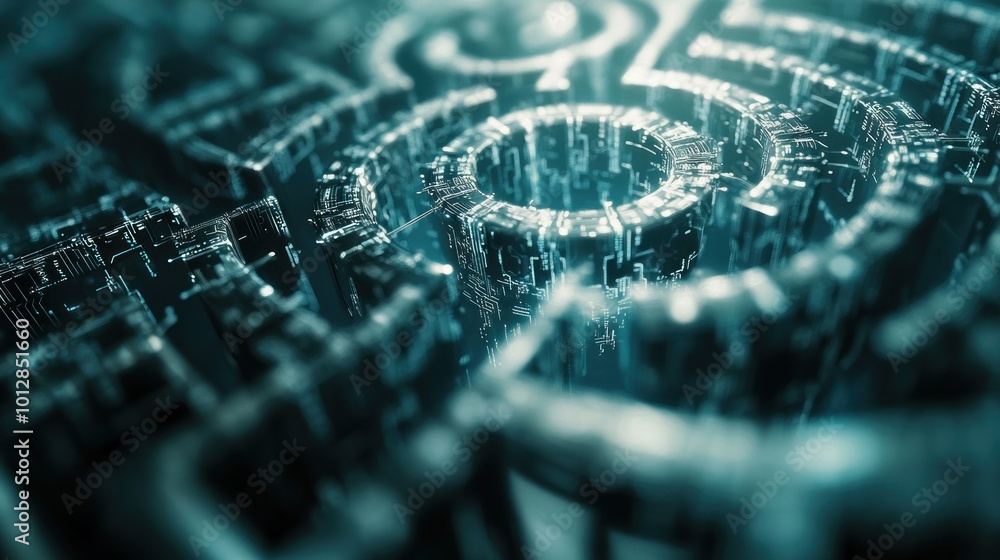 Aufkleber a close-up view of a futuristic digital circuit or microchip design.