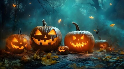 Obraz premium Halloween Pumpkins in a Spooky Cemetery Surrounded by Candles and Lanterns, autumn, night, eerie, festive, haunted, Halloween decorations