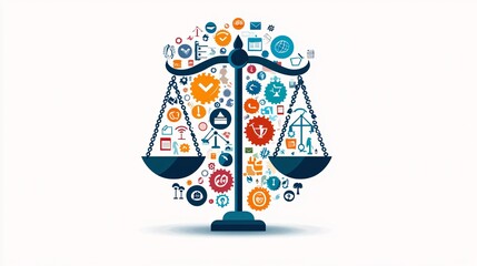 Justice scales with human rights symbols, representing global equality, flat design illustration