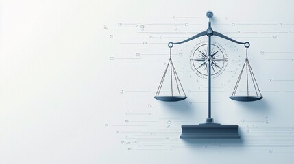 Justice scales with a compass, guiding moral decisions, flat design illustration