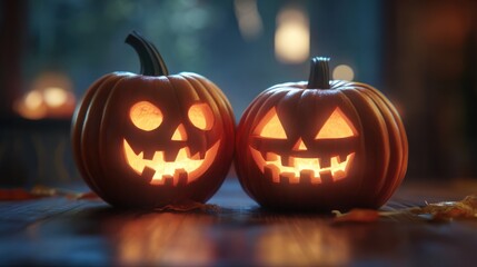 Fototapeta premium close up of carved halloween pumpkins on table