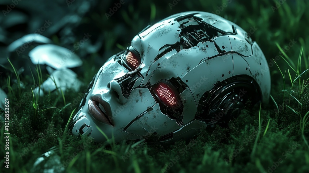 Poster a highly detailed robot head with illuminated red eyes rests on green grass, blending technology and