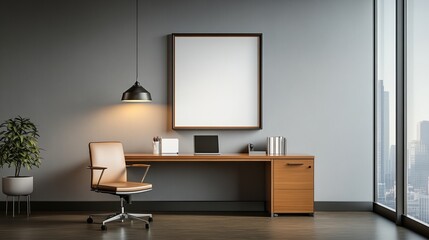 Fototapeta premium Modern office interior with wooden desk, chair, and blank wall for artwork.