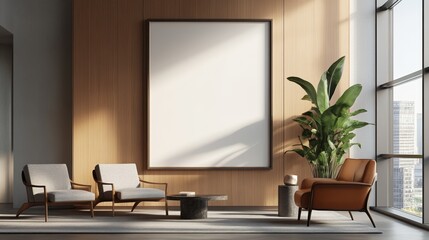 Modern interior with minimalist furniture and large windows, showcasing simplicity.