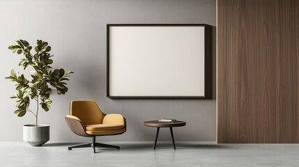 Modern living room with a cozy chair, table, plant, and blank picture frame on wall.