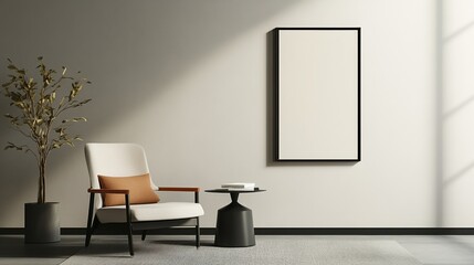 Modern living room with comfortable chair, table, and artwork on the wall.