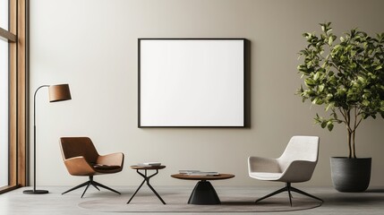 Modern living room with stylish furniture and a large empty frame on the wall.