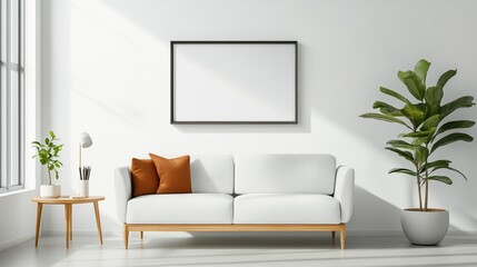 Modern living room with white sofa, decorative pillows, and a leafy plant.