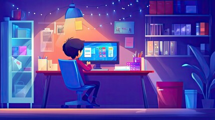 Young Person Working at a Computer Desk in a Room at Night