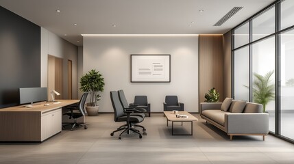 Modern office interior design with stylish furniture and plants.