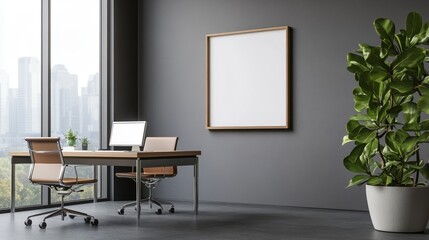 Modern office interior featuring desk, chair, and large window view.