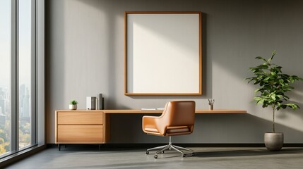 Modern office interior featuring a wooden desk and chair with a plant.