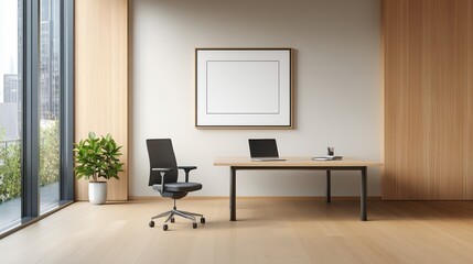 Modern office interior with a desk, chair, and plant in a bright, minimalist space.