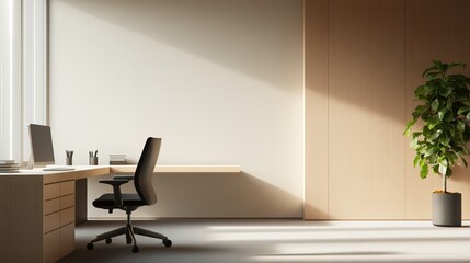 Modern office interior with desk, chair and plant, natural light from large windows.