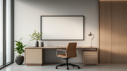 Modern office interior with desk, chair, and decor, minimalistic design.