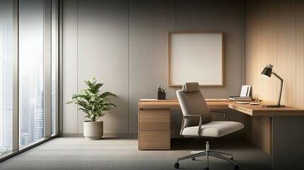 Modern office interior with desk, chair, and plant in a well-lit space.