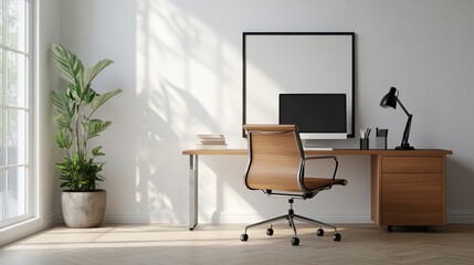 Modern office interior with desk, chair, plant, and computer against a bright wall.