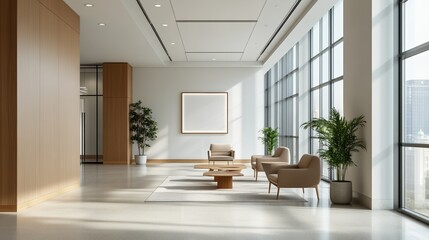 Modern office interior with natural light, plants, and elegant furniture design.