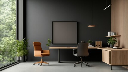 Modern office interior with stylish furniture and large windows.