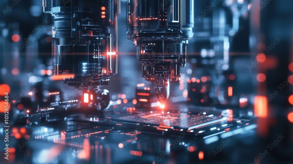 Poster close-up of advanced machinery working on a microchip, showcasing technology and innovation.