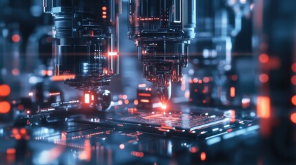 Close-up of advanced machinery working on a microchip, showcasing technology and innovation.