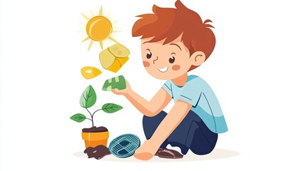 A Boy Planting a Seed with Gold Coins and Sunlight