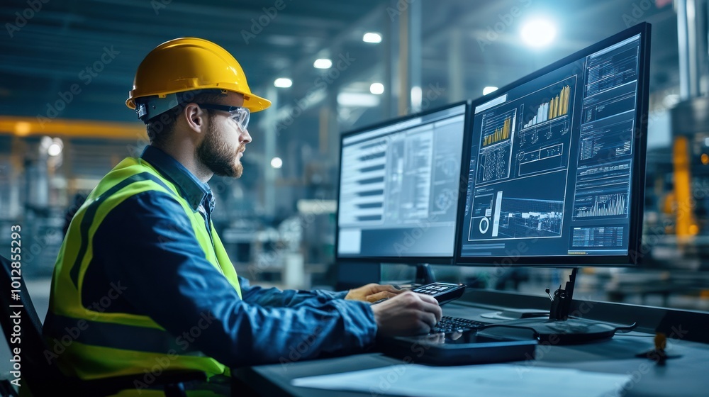 Poster worker analyzing data on dual monitors in an industrial setting.