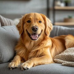 Obraz premium Golden Retriever Relaxing on Cozy Modern Sofa in Living Room