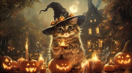 Fototapeta premium A cute Halloween pumpkin with a candle, surrounded by a spooky black cat and a witch's hat, perfect for celebrating the autumn holiday in October