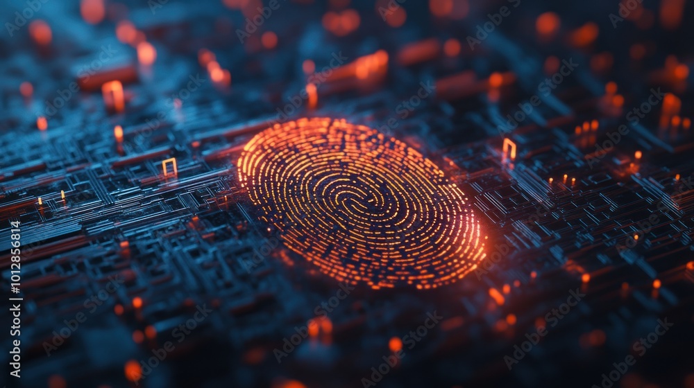 Poster a digital fingerprint on a circuit board, symbolizing security and technology.