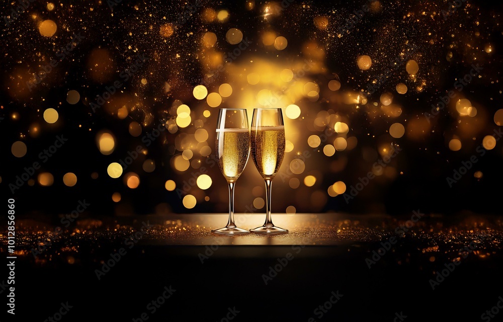 Poster two champagne flutes filled with bubbly stand on a table in front of a dark background with gold bok