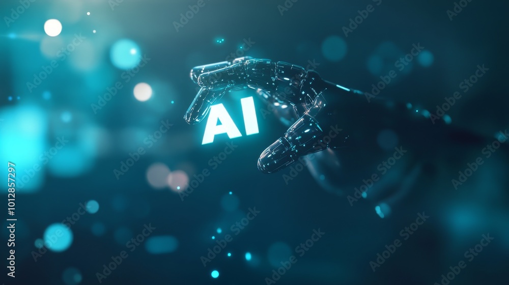 Poster a robotic hand delicately holds a glowing ai symbol in a sleek, futuristic environment filled with d