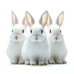 Fototapeta premium White Rabbit Trio - Portrait of Three Sitting Animals in Isolation on White Background